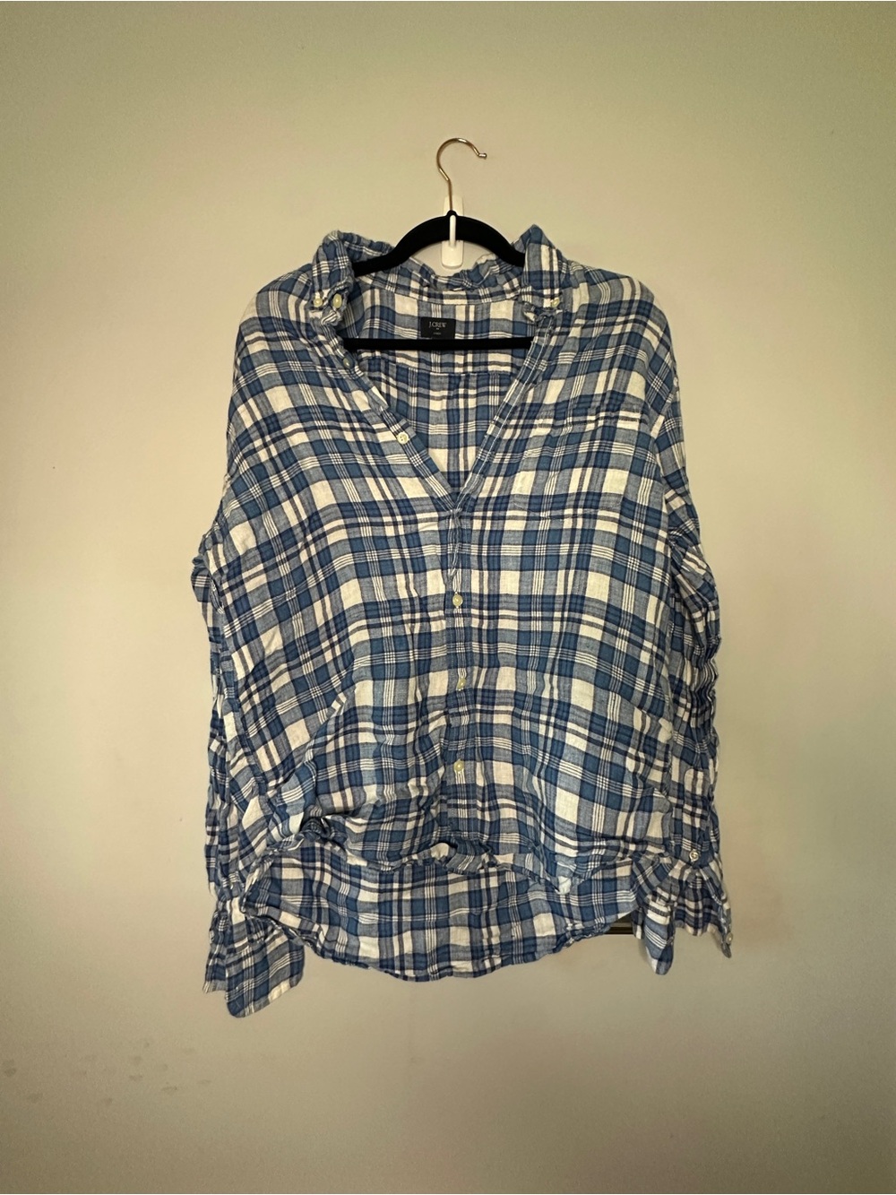 J. Crew Factory Blue and White Plaid Linen Shirt